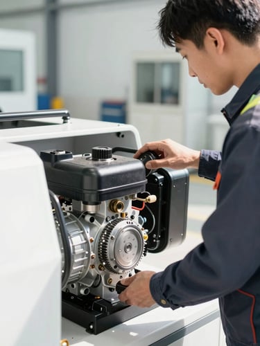 Close-up shot of a professional technician in safety gear inspecting a soil compactor engine inside a clean, modern workshop, bright daylight, high contrast.