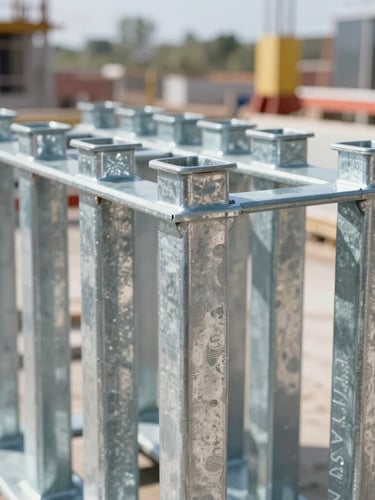 Close-up of clean, heavy-duty galvanized steel shoring props arranged in a structured grid, bright daylight, active clean modern construction site, 35mm lens, depth of field