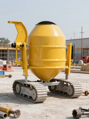 Sharp commercial photography of a modern yellow concrete mixer and heavy-duty tools on a clean, structured construction site, bright daylight, realistic, 35mm lens.