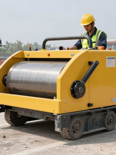 Sharp commercial photography, bright daylight, high-contrast industrial setting, clean yellow vibratory plate compactor operated by a worker in proper safety gear on a modern road construction site, realistic, 35mm lens, depth of field