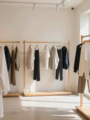 A bright, sunlit boutique retail store interior in Bengaluru, minimalist wooden clothing racks, soft shadows, editorial lifestyle photography.