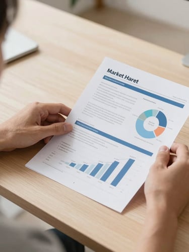 An over-the-shoulder shot of a strategist reviewing a printed custom market research report on a clean wooden desk, bright natural daylight, 35mm