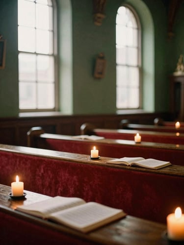 Warm candlelit Protestant church sanctuary interior, soft golden hour light filtering through tall windows, open hymnals on wooden pews, rich crimson and forest green tones, shallow depth of field, 35mm film style