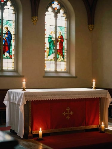 Warm candlelit Methodist sanctuary interior, soft golden-hour sunlight filtering through stained glass windows, rich crimson altar cloths, 35mm film style, shallow depth of field