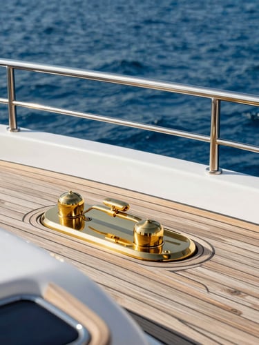 Polished brass and teak wood details on a luxury yacht deck, captured in sharp focus under bright morning sun.
