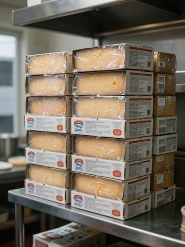 Straight-on view of stacked commercial cheese boxes and frozen food cartons on a stainless steel shelf in a restaurant kitchen, cool neutral daylight from the left, packaging labels visible, no food styling