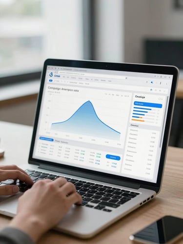 Close-up of a laptop screen displaying a campaign analytics dashboard — conversion funnel chart and ad spend metrics visible — on a clean desk under cool office window light, hands resting on keyboard in context, 3/4 wide shot
