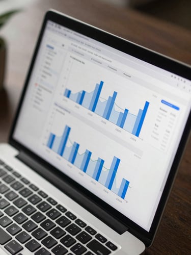 Close-up overhead shot of a laptop screen displaying a digital marketing analytics dashboard with campaign performance charts and blue metric graphs, keyboard visible at bottom edge, soft daylight from left, dark desk surface