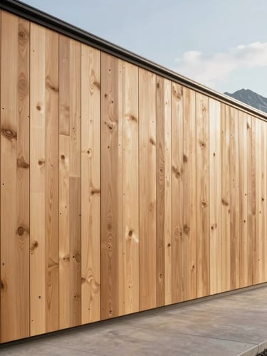 Vue en élévation d'une cuisine contemporaine minimaliste, façades en mélèze brossé, lignes de fuite parfaites alignées au millimètre, lumière rasante alpine.