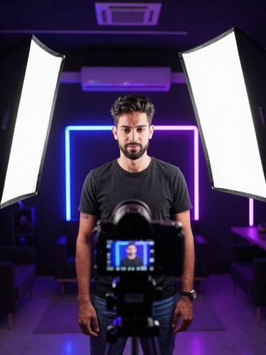 Behind-the-scenes portrait of a creator recording an online course in Curitiba, professional lighting setup with softboxes and neon accents, camera screen showing a sharp high-contrast image, modern studio environment.