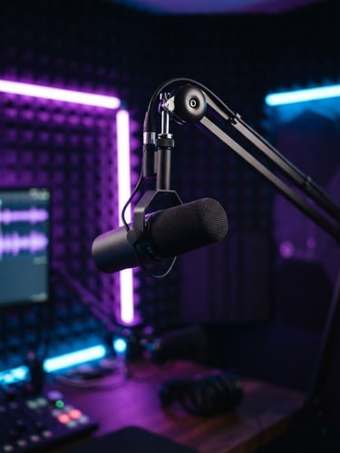 Medium close-up of a professional podcast microphone on an articulated arm, glowing with vibrant neon purple and electric blue LED lighting in the background, dark soundproof studio cabin, high-contrast premium dark-mode photography.