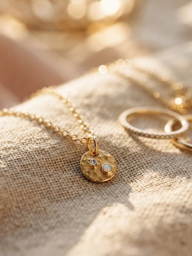 Close-up of delicate gold jewelry resting on textured linen, sun-dappled, with a very shallow depth of field, warm golden-hour window light.