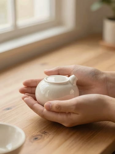 Hands gently holding a handcrafted ceramic keepsake, soft focus, warm golden light, shallow depth of field, on a natural wooden surface.