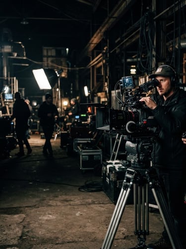 High-contrast cinematic photography of a professional camera rig on a dark, industrial film set, sharp directional lighting, deep shadows, behind-the-scenes agency work. The rig is positioned on the right third of the frame.
