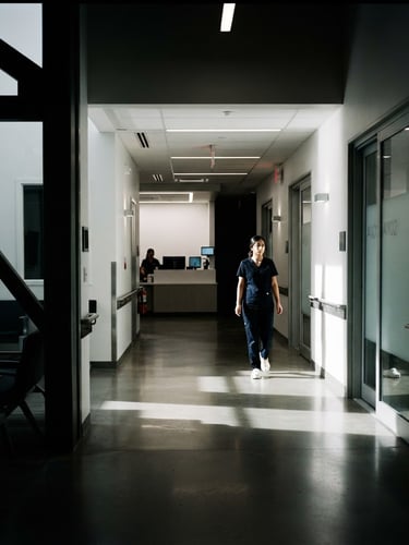 Cinematic wide shot of a modern, clean clinic interior with high-contrast chiaroscuro lighting, deep shadows, and crisp whites. Focus on a sterile, professional environment.