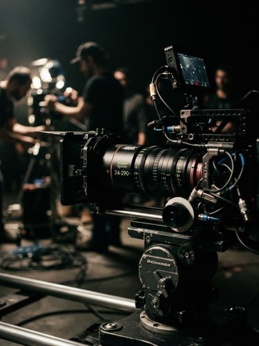 High-contrast cinematic shot of a camera rig on a film set, sharp directional lighting, deep shadows, tight focus on the lens, with a blurred background of crew working.
