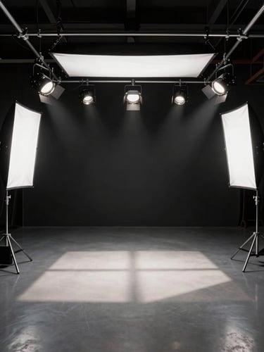Wide environmental shot of a professional lighting rig in a dark studio — overhead softbox arrays and fresnel spotlights casting geometric hard-shadow patterns on a reflective studio floor, silver light rigs visible in the upper frame, no people, strong directional key-light geometry, deep shadows flanking the frame