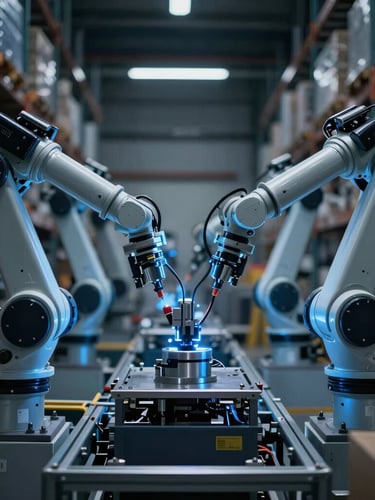 Symmetrical environmental shot of an automated warehouse with robotic arms executing precise movements, cool low-key studio lighting, sharp electric blue highlights, high detail, sharp industrial photography
