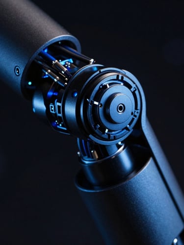 Macro shot of a mechanical robotic joint with precise cabling and sharp electric-blue highlights, cool low-key studio lighting, high-contrast engineering detail