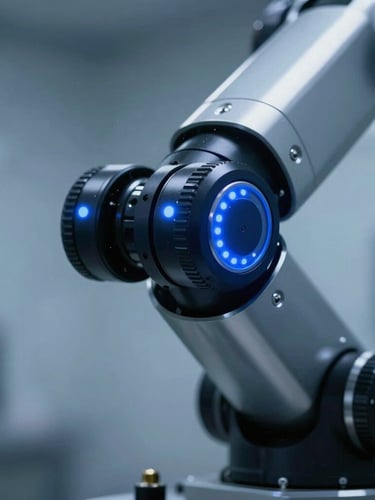 Macro close-up of a high-precision mechanical robotic joint with cool blue indicator lights, clean industrial setting, sharp industrial photography, cool low-key studio lighting