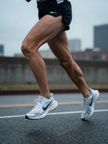 Dynamic action crop of a runner's legs mid-stride on a cool, overcast Detroit morning, silver-toned highlights, unposed athletic focus.