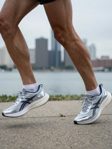 Dynamic close-up of a runner's legs mid-stride on a cool, overcast morning on the Detroit riverfront, concrete path, silver-toned natural highlights, Tracksmith aesthetic.
