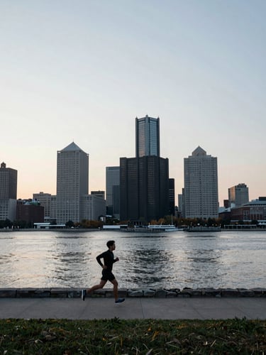 Wide environmental shot of a runner training along the Detroit riverfront skyline at dawn, cool overcast daylight, minimalist and clean.