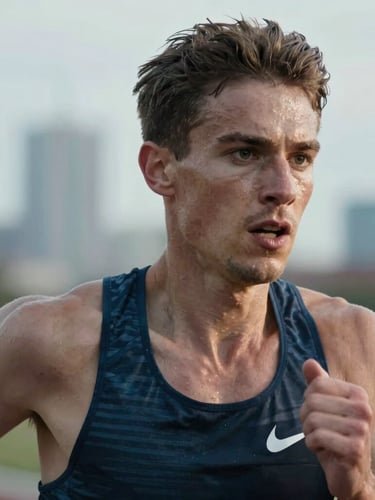 Dynamic close-up portrait of a runner mid-stride on a cool, overcast morning in Detroit, focus on determined eyes, silver-toned natural highlights, athletic editorial style.