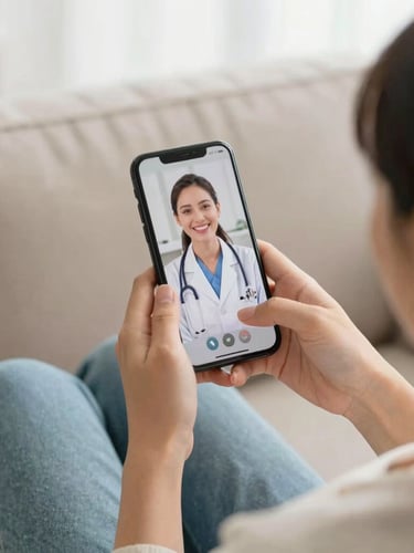 A close-up of a person sitting on a warm sofa, holding a smartphone showing a friendly doctor in a video call, soft natural light, shallow depth of field, 35mm