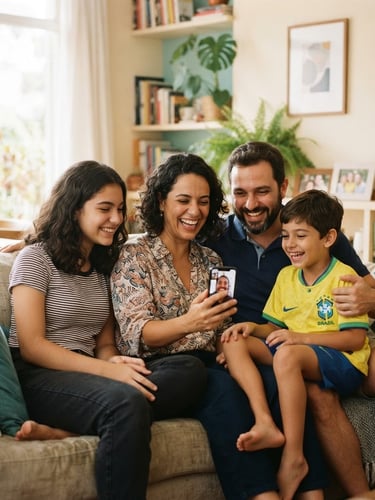 Warm, bright photo of a Brazilian family sitting on a comfortable living room sofa, smiling as they look at a smartphone screen, showcasing relief and comfort. Soft teal accents in the background, natural daylight, 35mm.
