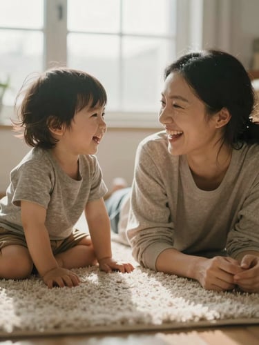 A mother and young child laughing together on a cozy rug, warm morning window light, shallow depth of field, muted earth tones