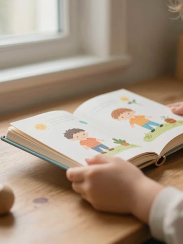 Close-up of small hands holding a children's book with wooden toys nearby, soft warm lighting, cozy nostalgic feel