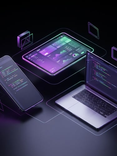 Sleek 3d render, dark mode aesthetic, vibrant neon gradients of electric violet and green, high-contrast studio lighting, isometric device mockups showing clean Kotlin code blocks, octane render