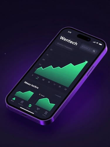 Sleek dark-mode fintech mobile app interface on a smartphone screen, high-contrast neon green data charts, isometric angle, dark studio setting with electric violet glow