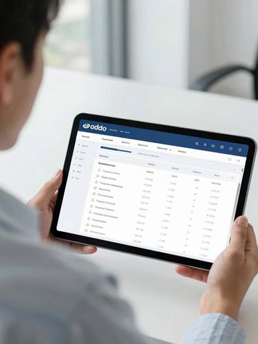 Over-the-shoulder shot of a business owner in a bright Makassar office looking at an Odoo inventory dashboard on a tablet, professional cool tones, 35mm lens.