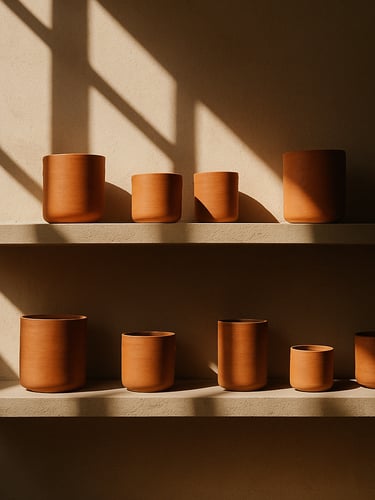 Warm minimalist showroom interior in Morelia, sunlit window casting dramatic geometric shadows on terracotta candle vessels arranged on concrete shelves, medium format film.