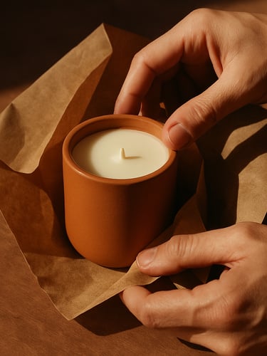 Hands wrapping a minimalist terracotta candle vessel in textured brown paper, warm studio lighting, dramatic shadows, focus on hands and natural materials.