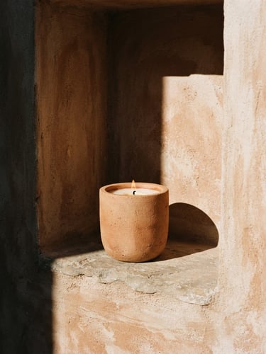 Warm minimalist candle vessel in an architectural alcove, harsh high-contrast sunlight creating dramatic shadows, earthy terracotta tones, medium format film