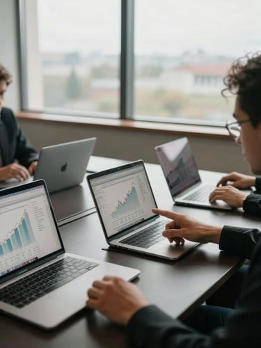 Close-up overhead view of a strategy session at a conference table, open laptops showing growth charts and ad performance data, hands pointing at screen, overcast daylight from large windows, dark surface, no warm cast, left-third composition with negative space on right