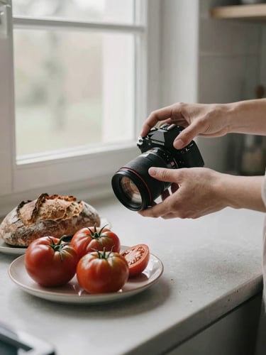 Soft, natural Scandinavian window light over an artisan kitchen counter. A hand carefully adjusts a camera lens over a plate of fresh heirloom tomatoes and crusty rustic sourdough bread. Soft desaturated tones, 35mm film texture.