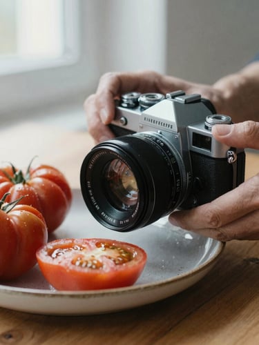 Close-up of a vintage camera lens being adjusted over a rustic plate of heirloom tomatoes on a wooden table, soft natural daylight, 35mm film aesthetic.