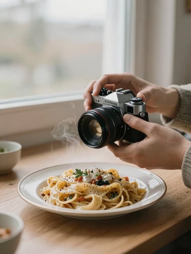 Hands adjusting a vintage camera lens over a plate of steaming heritage pasta, soft overcast window light, warm parchment tones, cozy Scandinavian aesthetic.