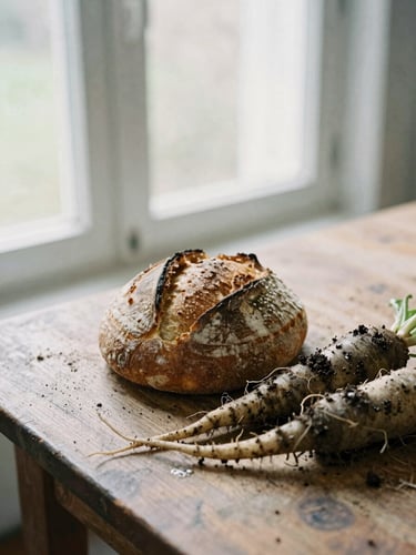 Soft natural window light illuminating a rustic table with fresh sourdough bread, damp soil on root vegetables, desaturated organic tones, 35mm film aesthetic.