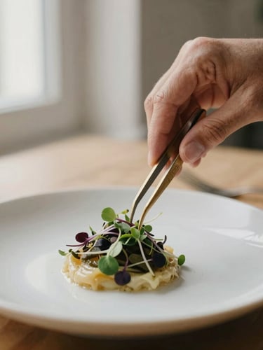 Tactile close-up of a chef's hands using brass tweezers to place delicate microgreens on a beautifully plated dish, soft natural window light, desaturated warm tones