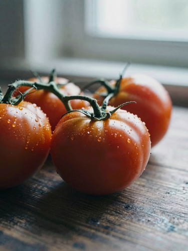 Macro close-up of heirloom tomatoes on a dark wooden table, soft natural window light, rustic Scandinavian kitchen setting, 35mm film aesthetic