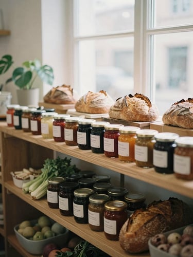 Soft natural window light illuminating a boutique grocer's wooden shelves stacked with artisanal preserves, fresh sourdough, and organic produce, 35mm film aesthetic, desaturated organic tones.
