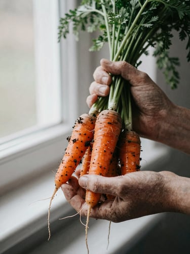 A close-up of weathered hands holding a bunch of freshly harvested heirloom carrots with damp soil clinging to the roots, soft overcast morning light, desaturated organic tones.