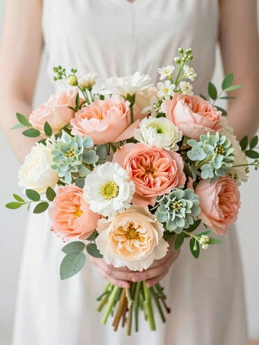 Overhead flatlay of a vibrant fresh flower bouquet being held by happy hands, soft peach and sage green tones, bright morning daylight