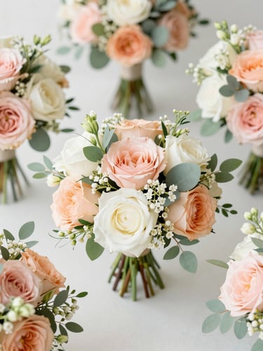 Overhead flatlay of premium wedding floral arrangements, soft peach and sage green palette, bright natural morning daylight, crisp details.