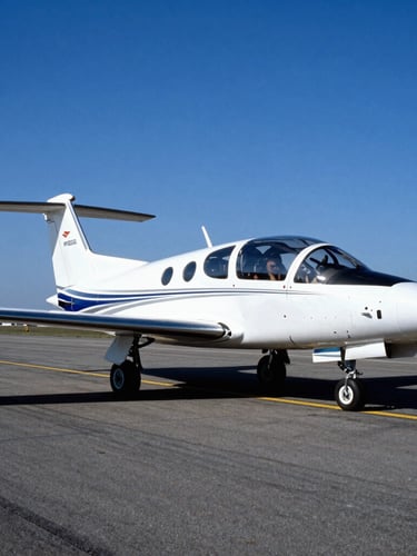 Sharp daylight shot of a modern training aircraft parked on the asphalt runway of Ponta Grossa airport, deep blue sky, crisp professional editorial style, 35mm